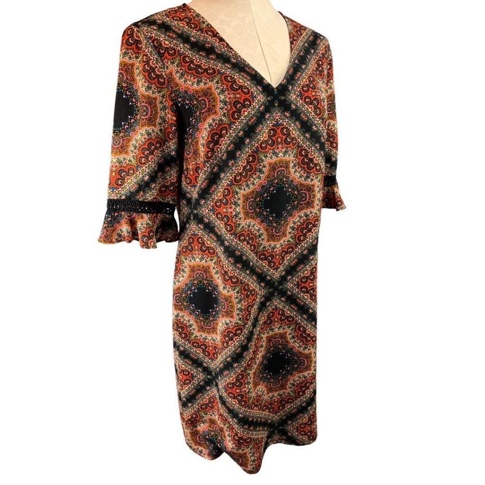 Medium MSK Women's Retro Print Pullover Shift Dress V-Neck Slightly Sheer Bell S